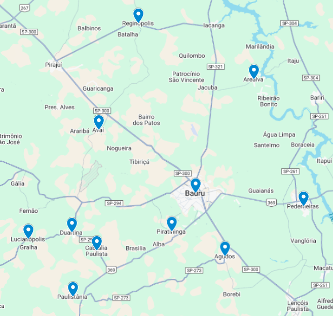 Mapa das cidades atendidas pelo Dr. Wilhamar Costa